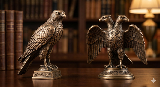 Lamithra Art imzalı müze kalitesinde (Museum Quality) Atmaca ve Selçuklu Çift Başlı Kartal heykel koleksiyonu karşılaştırması.