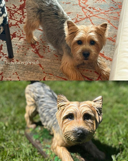 Bahçe ve balkon dekorasyonu için uygun, dış mekana dayanıklı Yorkshire Terrier köpek heykeli objesi.