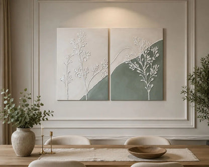 Botanik rölyef detaylı modern duvar tablosu sage green ve doğal taş tonları