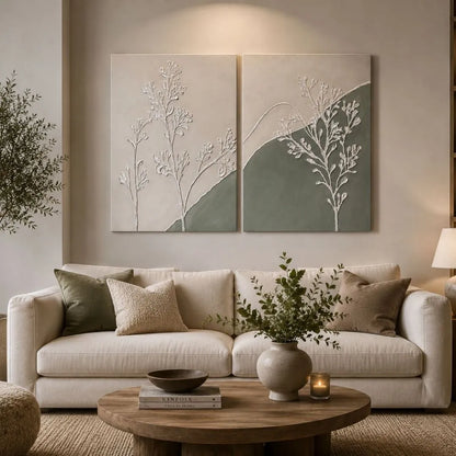 El yapımı 50x70 rölyef diptych tablo seti SERENITY I & II modern duvar dekoru
